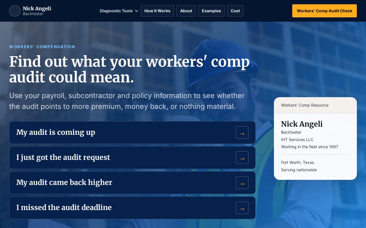 A live workers' comp audit check page, opening with four situations the business owner can choose from