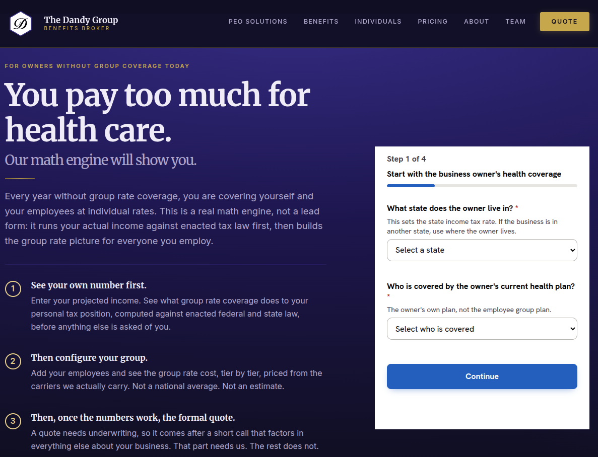 The Dandy Group family advisory website showing its healthcare cost message and guided intake