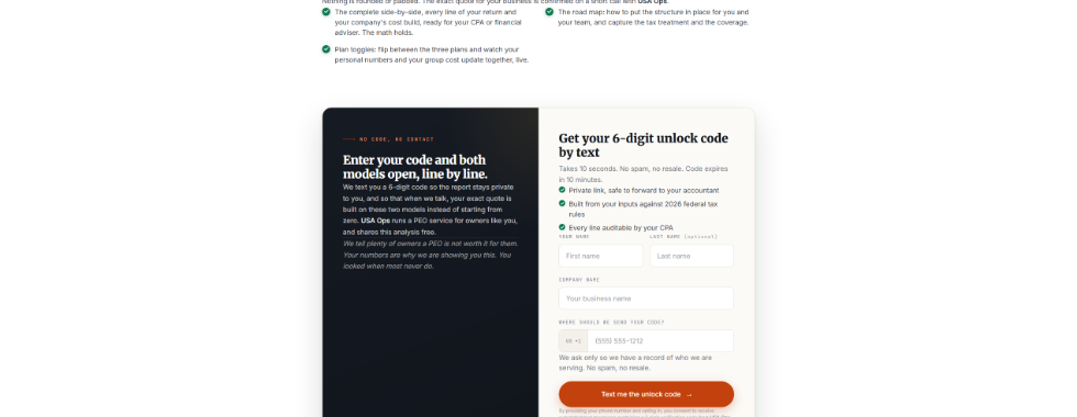PEO Tools phone verification gate - prospect enters code to unlock the full line-by-line report